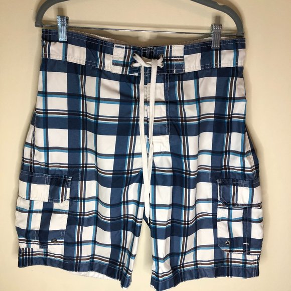 Merona Coastal Blue & White Plaid Swim Trunks Beachy Preppy Vacation - Picture 2 of 11